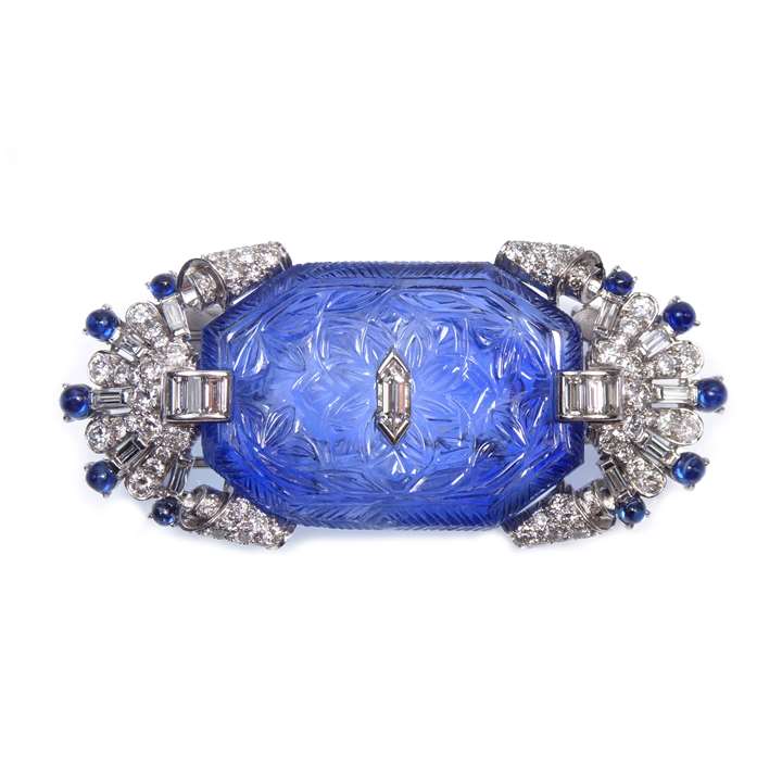 Art Deco carved sapphire and diamond panel brooch